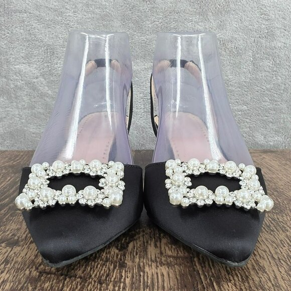 Adrienne Vittadini Suza Slingback Kitten Heels 7.5 Black Pearl Rhinestone Formal - Picture 4 of 15